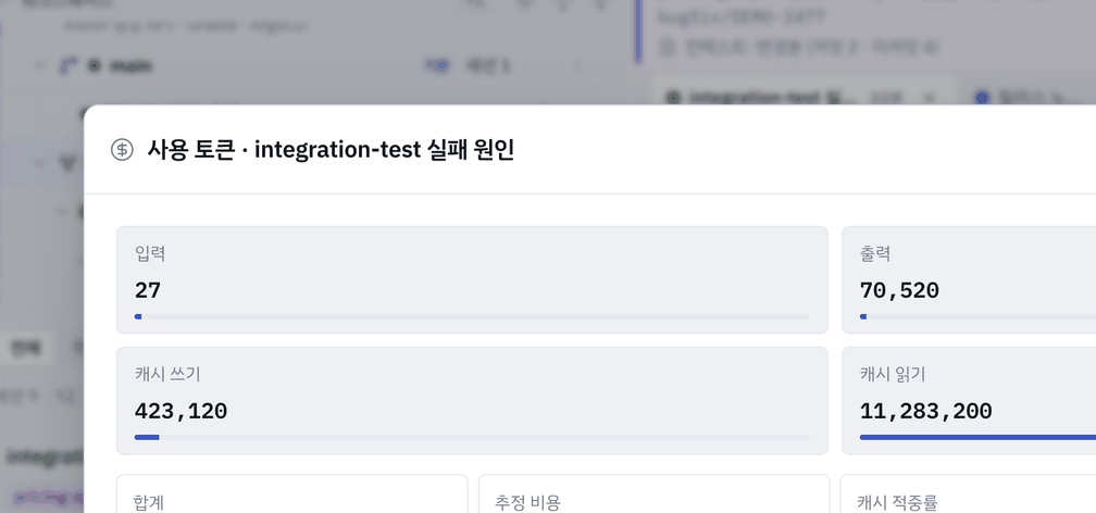 세션 행 메뉴 › 사용 토큰 보기 — 네 칸과 추정 비용 · 캐시 적중률.