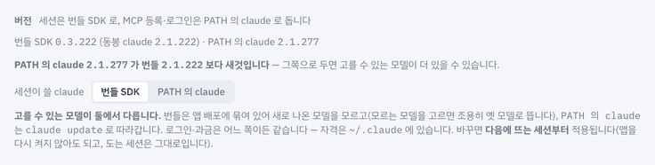 진단 맨 아래의 버전 줄 — 번들 SDK(동봉 claude)와 PATH 의 claude.