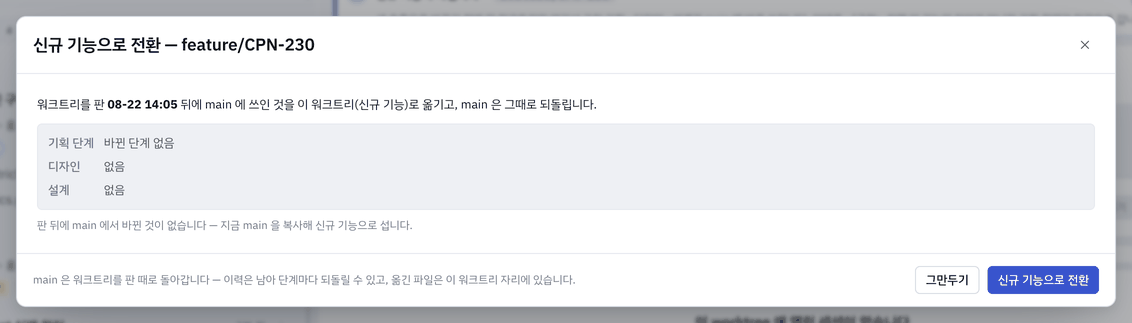 「신규 기능으로 전환」 확인 — 워크트리를 판 뒤 main 에 쓰인 기획 단계 · 디자인 · 설계를 읊습니다.