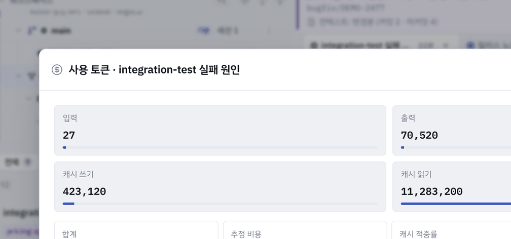 세션 행 메뉴 › 사용 토큰 보기 — 네 칸과 추정 비용 · 캐시 적중률.