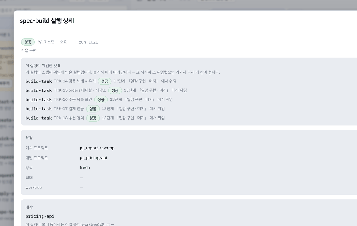 자율 구현 실행 상세 — 일감마다 위임한 실행( build-task )이 서고, 누르면 그 일감의 구현 · 검증 · 리뷰 · 머지로 내려갑니다. 아래 단계 목록의 마지막이 결과 보고입니다.